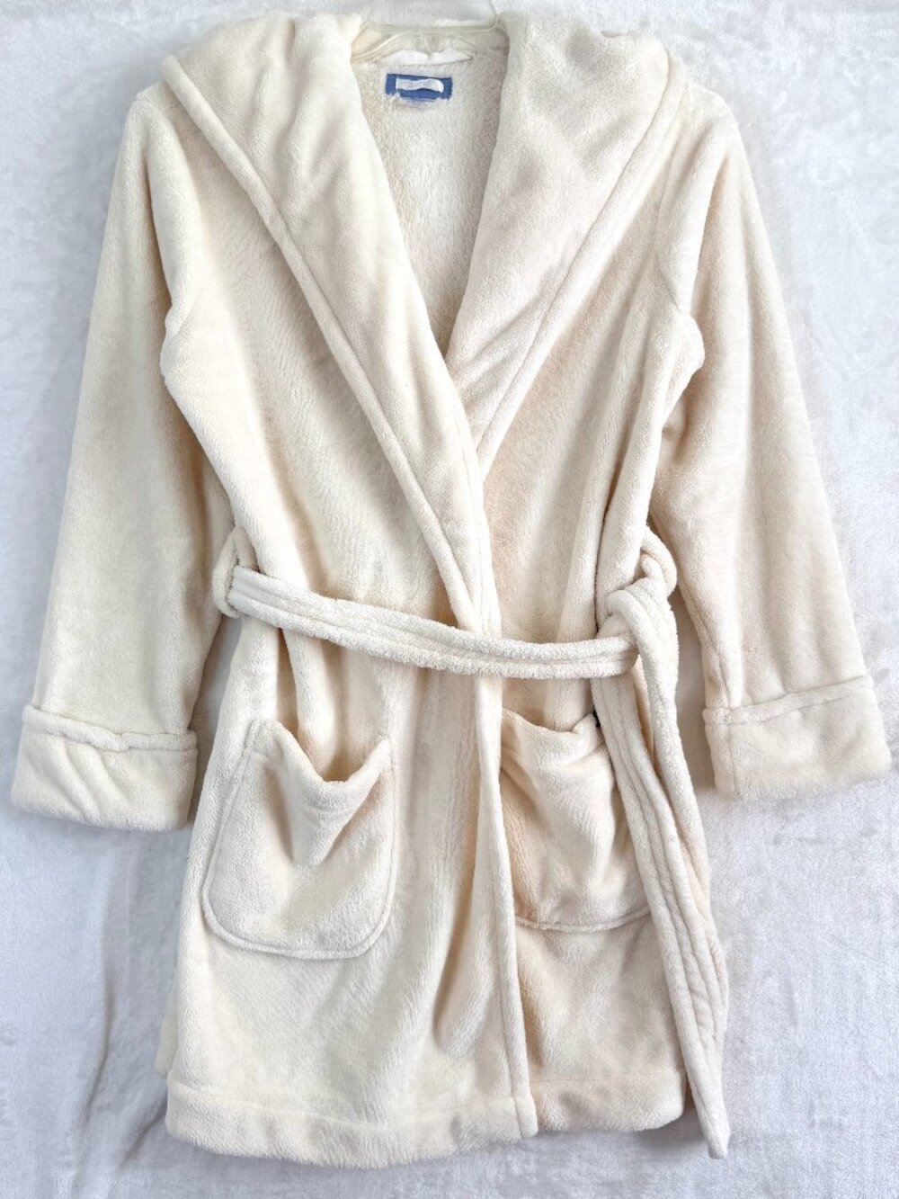 Aerie Plush Sherpa Soft Fleece Wrap Tie Hooded Lounge Bath Robe Womens S Ivory